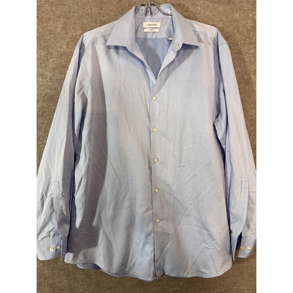 Calvin Klein Button Up Dress Shirt Mens XL Light Blue Steel Slim Herringbone